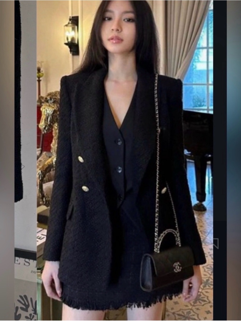 ZARA Black Tweed Double Breasted Gold Button Blazer Jacket L NWT - Picture 5 of 10